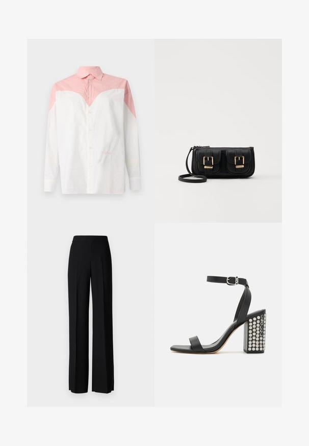 White shirt with pink gradient yoke, long sleeves, button-up front, soft cotton material, featuring small embroidered text on the lower side.; Black wide-leg trousers with a smooth texture, featuring a high waistband and center pleats. No visible patterns or hardware details.; Black leather heeled sandals with an ankle strap. Features a square toe, smooth texture, and square block heel adorned with silver studs.; Black leather crossbody bag with two front pockets, gold buckles, zipper closure, and a slim strap. Textured surface and compact rectangular shape.