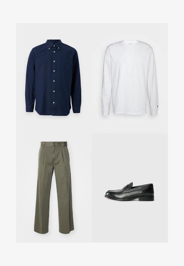 Tamsiai mėlynas ilgomis rankovėmis mygtukų marškiniai su krūtinės kišene ir mygtukų apykakle, eksponuojami prieš baltą fono.; Balta, ilga rankovė T-maiša, pagaminta iš medvilnės. Apvalios iškirptės dizainas su raukiniais ant rankovių ir nedidelis logotipas ant kairės rankovės. Glotni tekstūra.; Olivinės spalvos kelnės su laisvu, plačiu dizainu ir priekinių raukšlių detale. Pagamintos iš tekstūruoto audinio, su standartine juosmena ir be matomų aksesuarų.; Juodos odinės loafer tipo bateliai su lygiu paviršiumi, siuvinėjimu per priekį ir šiek tiek pakelta pakulne.