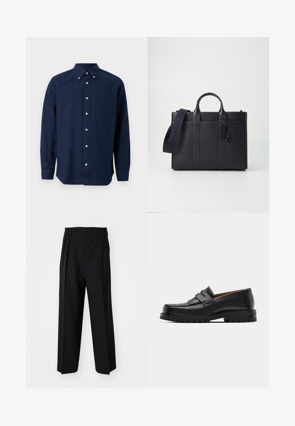 Navy blue long-sleeve button-up shirt with a chest pocket and button-down collar, displayed against a white background.; Black pleated trousers with a straight, wide-leg design. Made from smooth fabric, featuring a button closure and belt loops.; Black leather loafers feature a raised seam, two decorative straps on the upper, and a thick textured sole for added grip.; Dark navy leather briefcase with dual top handles and a detachable strap. Features textured finish, vertical stitching, and logo detail.
