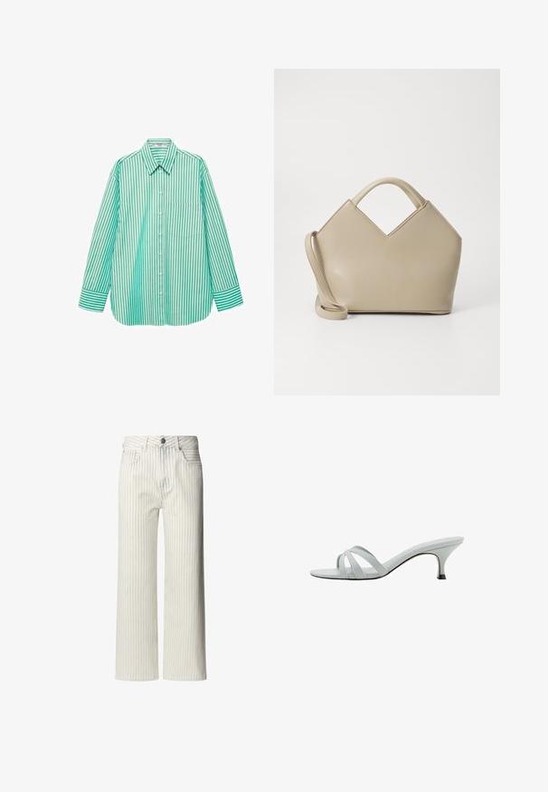 Mango Overhemdblouse - green; Lichtgekleurde broek met wijde pijpen en verticale strepen, gemaakt van katoen. Voorzien van een knoopsluiting en riemlussen.; Lichtgrijze hakken met drie kruislings geplaatste banden, een slank profiel en een taps toelopende hak. Gladde textuur met een lichtglanzende afwerking.; Beige gestructureerde handtas met een V-vormige bovenkant, van glad leder, korte handvatten en een lange verstelbare schouderriem. Minimalistisch ontwerp.