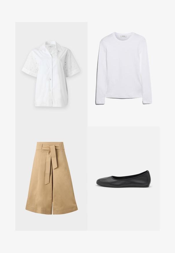 Camicetta bianca a maniche corte con bottoni sul davanti. Il corpo principale è in tessuto tinta unita, mentre le maniche presentano un motivo a occhio di pernice floreale.; T-shirt bianco a maniche lunghe realizzato in cotone a coste, con scollo rotondo e orlo dritto. Design semplice senza motivi o accenti.; Gonna midi avvolgente khaki con cintura a cravatta, realizzata in cotone leggero, presenta una silhouette svasata e dettagli di cucitura a vista.; Pantofole da balletto nere in pelle con punta arrotondata, texture liscia, dettagli di cucitura minimi e design con suola flessibile.