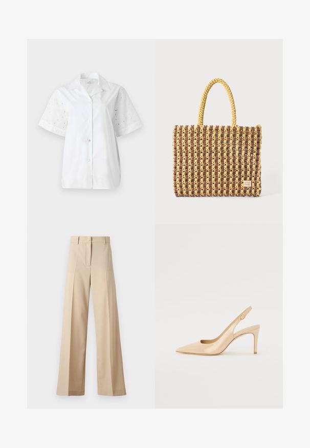 Fehér, rövid ujjú ing gombos elejével. A fő része egyszínű anyagból készült, míg az ujjai virágmintás pitemenettel készültek.; Beige színű, bő szabású nadrág sima anyagból, lapos elejével, redőkkel, cipzáras záródással és övhurkokkal. Összességében testreszabott szabású.; Meztelen lakkbőr pántos magassarkú, hegyes orral, nyitott elejű és vékony tűs sarkú. A pánton egy kör alakú arany dísz található.; Barna és sárga színű, téglalap alakú, két füles táska, textúrált felülettel, látható varrásokkal és márkacímkével.