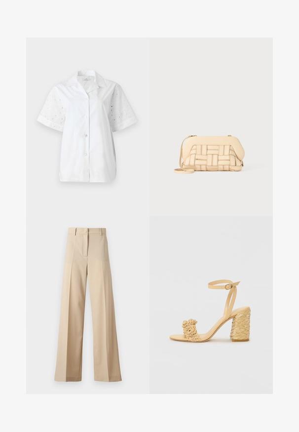 Cămașă albă cu mâneci scurte și deschidere cu butoane. Corpul principal este din material uniform, în timp ce mânecile au un design floral din plasă.; Pantaloni bej cu picioare largi, confecționați dintr-un material neted, cu un front plat și plisse, fermoar la șold și curea. Croi adaptat pe tot corpul.; Sandalie cu toc înalt bej, cu o textură împletită, având o floare decorativă și curea pentru gleznă. Tocul pătrat oferă stabilitate.; Geantă bej țesută cu un design structurat, având un capac neted și o curea lungă. Detaliile texturate îmbunătățesc aspectul general.