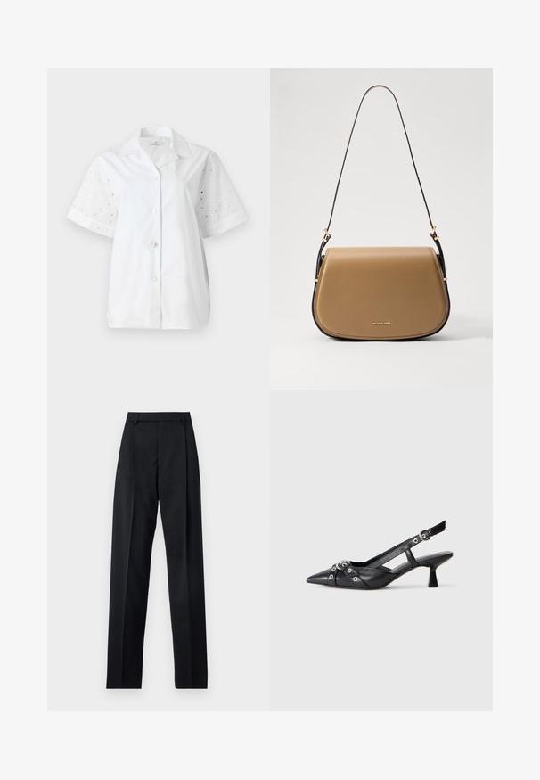 White short-sleeve shirt with a button front. Main body is solid fabric, while sleeves feature a floral eyelet design.; Black trousers made from smooth fabric featuring a high waist, wide legs, front pleats, and classic belt loops. No side pockets visible.; Black leather slingback shoe with a pointed toe, decorative straps featuring metal eyelets, and a low block heel. Textured surface.; Tan leather crossbody bag with a curved shape, gold hardware accents, and a slim dark strap. Smooth texture with stitching details.