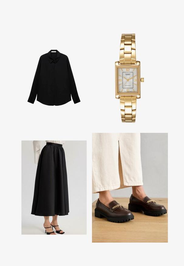 Zwarte longsleeve shirt met een klassieke kraag, gemaakt van een gladde stof, heeft een knoopsluiting aan de voorkant en een gebogen onderkant.; Zwarte maxi-rok van gladde stof, met een geraffineerde tailleband en vloeiende uitstraling, gecombineerd met zwarte sandaaltjes met bandjes.; Bruine leren loafers met een stevige zwarte zool en een gouden kettingaccent over de voorkant. Gladde afwerking met een lichte glans.; Gouden rechthoekige polshorloge met een witte wijzerplaat, zilverkleurige uurmarkeringen en een duurzame metalen schakelarmband. Inclusief waterdichte functie.