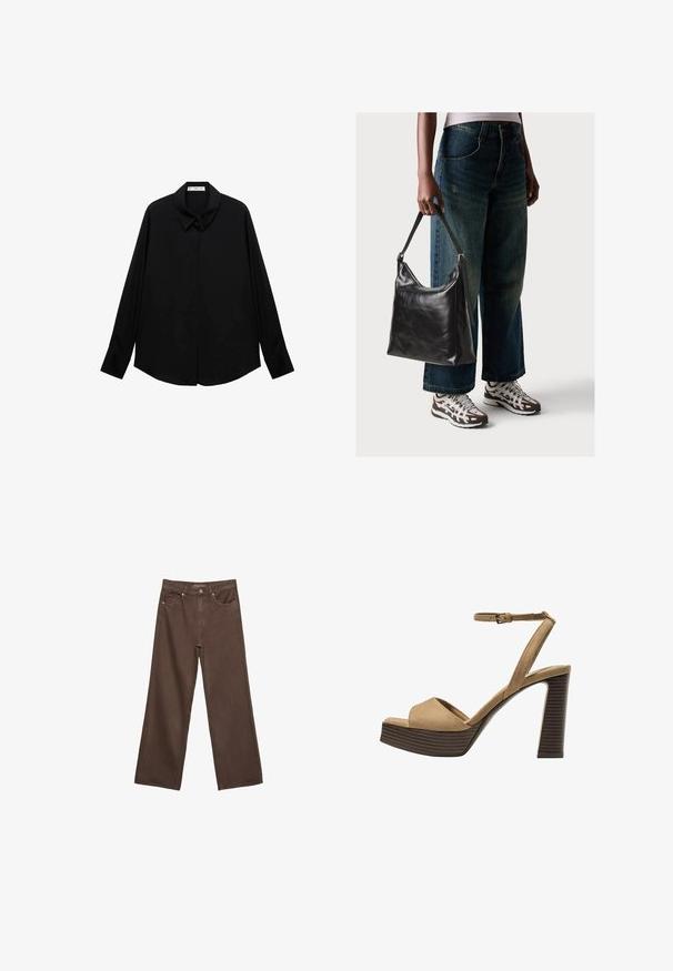 Čierna košeľa s dlhým rukávom a klasickým golierom, vyrobená z hladkej tkaniny, s predným zapínaním na gombíky a zakriveným lemom.; Džínsy s širokými nohavicami v hnedej farbe, vyrobené z denimu, so zvýšeným pásom, prednými vreckami a klasickým zapínaním na gombík. Hladká textúra s jemným prešívaním.; Bežové semišové sandále na vysokom opätku s širokým predným pásom a pásikom okolo členka, ktoré majú masívny drevený blokový opätok s textúrovaným povrchom.; Čierna kožená taška cez rameno s hladkou textúrou a nastaviteľným popruhom, skombinovaná s vyblednutými širokými džínsy a športovými teniskami.