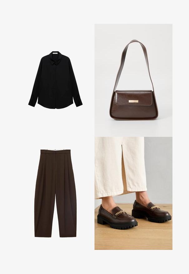 Czarna koszula z długim rękawem o klasycznym kołnierzyku, uszyta z gładkiego materiału, z przodem zapinanym na guziki i zaokrąglonym dolnym brzegiem.; Brązowe spodnie z wysokim stanem z zakładkami, wykonane z gładkiego materiału. Luźny krój, prosta nogawka, z różkami na pasek i suwakiem.; Brązowe skórzane mokasyny z masywną czarną podeszwą i złotym łańcuchem na przodzie. Gładkie wykończenie z delikatnym połyskiem.; Brązowa skórzana torba na ramię o wyraźnej formie, z magneticznym zapięciem w klapie i metalowym logo na przodzie.