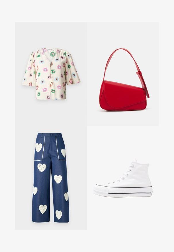Floral blouse in cream fabric, featuring puff sleeves, a V-neck, and a buttoned front. The design includes colorful flowers in various sizes.; Sister Jane HEART TO HEART - Straight leg jeans - blue denim; White high-top canvas sneaker with black rubber sole, front rubber toe cap, and six eyelets for laces, featuring a clean, minimalist design.; Red leather handbag with an angular, geometric design. Features a single adjustable strap and a flap closure with stitched detailing.