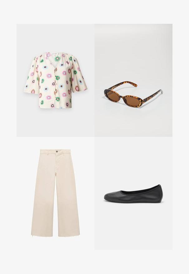 Floral blouse in cream fabric, featuring puff sleeves, a V-neck, and a buttoned front. The design includes colorful flowers in various sizes.; Wide-leg trousers in light beige cotton, featuring a button closure, subtle frayed hem, and a loose fit design.; Black leather ballet flat with a rounded toe, smooth texture, minimal stitching detail, and a flexible sole design.; Tortoiseshell sunglasses with oval frames, brown lenses, and slender black arms featuring subtle pattern accents.; Brown fabric shoulder bag with a wide, rounded body and a large cutout handle. Soft texture, minimalistic design, and no visible hardware.