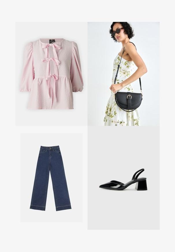Rózsaszín blúz texturált anyagból, puffos ujjakkal és ráncolt derékkal. Elöl megkötős rész és kerek nyak található rajta.; Sötétkék denim széles lábú farmernadrág. Öt zsebbel, övhurkokkal és nyers szegéllyel az alján, amelyen látható varrási részletek találhatók.; Fekete lakk bőr szandálkés magas sarkú cipő, hegyes orral és geometrikus tömbsarkakkal. Karcsú, minimalista dizájn és sima textúra jellemzi.; Fekete bőrtáska ívelt formával, levehető pánttal és arany színű fémrészekkel. A táskán egy csattal díszített fedél található.