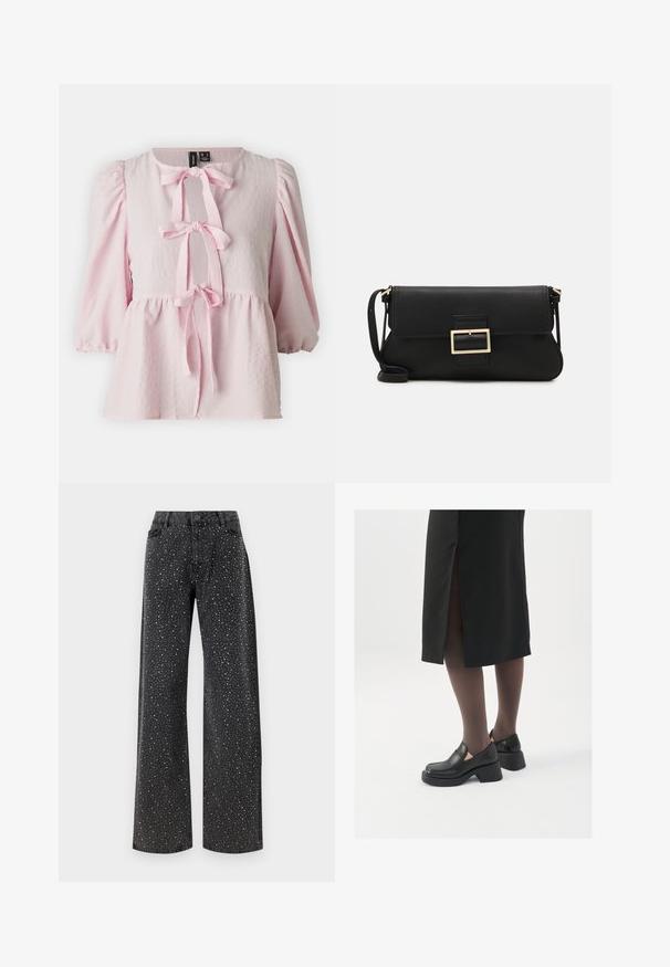 Blusa rosa realizzata in tessuto texturizzato con maniche a sbuffo e vita arricciata. Caratterizzata da lacci frontali e scollatura rotonda.; Noisy May NMJANNEL LOOSE - Jeans baggy - black denim; Scarpe in pelle nera con punta arrotondata, tacco spesso a blocco e accenti laterali in elastico, abbinate a collant scuri e una gonna nera con uno spacco.; Borsa a mano in pelle nera con patta e dettaglio in metallo dorato. Include una tracolla nera e un design elegante e minimalista.; Orecchini a cerchio in argento con un design minimalista. Forma circolare, superficie liscia e profilo sottile. Leggeri con una finitura lucida.