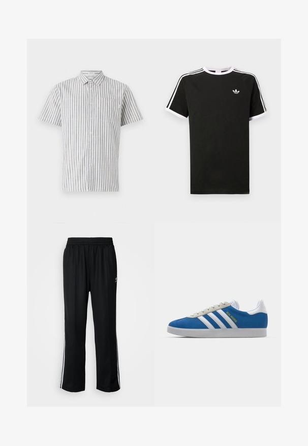 Košulja kratkih rukava s gumbima, u bijelim i plavim vertikalnim prugama, s džepom na prsima i klasičnim dizajnom ovratnika. Mješavina pamuka.; Crna majica s kratkim rukavima, izrađena od pamuka, s bijelim akcentima. Ima raglan dizajn i mali logo na prsima. Tri bijele pruge na ramenima.; Crne sportske hlače s elastičnom trakom oko struka, s bijelim bočnim prugama i malim logotipom. Materijal izgleda mekan i lagan.; adidas Originals ADIDAS GAZELLE SHOES - Dvoranske nogometne kopačke - real madrid/bluebird/footwear white/crew yellow