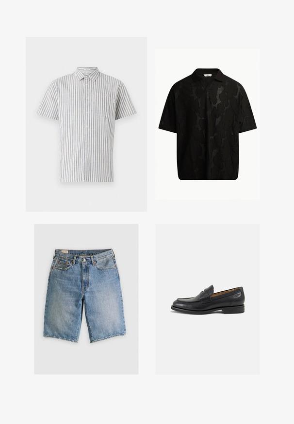 Kurzärmliges Hemd mit Knopfleiste in weißen und blauen vertikalen Streifen, mit einer Brusttasche und einem klassischen Kragen. Aus Baumwollmischung.; Schwarzes Kurzarm-Polo-Shirt mit einem strukturierten, abstrakten Muster. Der Kragen ist flach und leicht geöffnet, was das entspannte Design unterstreicht.; Jeansshorts in Hellblau mit klassischem Schnitt. Verfügt über fünf Taschen, orangene Nähte und ausgefranste Säume.; Schwarze Leder Slipper mit glatter Oberfläche, runder Spitze und dekorativer Naht auf dem Vorderblatt. Niedriger Blockabsatz und leichter Glanz.