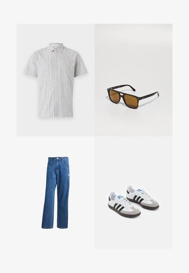 Lühikese varrukaga nööpidega pluus valgete ja siniste vertikaalsete triipudega, millel on rinnatasku ja klassikaline krae. Puuvilla segukangas.; Sinine kõrge vöökohaga avar jakkidega teksapükse, millel on ees taskud, vöökoharingid, nupuga sulgemine ja väike Adidas'i logo paremal reiel.; Spordijalatsid valge nahkpealsega, halli nubuk-naha otsaga ja kolme musta triibuga. Omab sinist logo keele peal ja struktureeritud kummitalda.; Kilpkonnakilbi prillid ruudukujuliste raamidega, pruunide objektiivide ja diskreetse brändimisega tempeltes. Sile viimistlus ja karastatud klaas vastupidavuse tagamiseks.