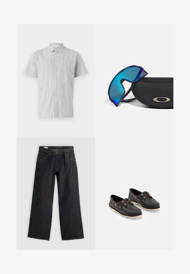 Koszula na krótki rękaw w białe i niebieskie pionowe paski, z kieszonką na piersi i klasycznym kołnierzykiem. Wykonana z mieszanki bawełny.; Ciemnoniebieskie spodnie o szerokich nogawkach z paskiem w talii, z kieszeniami z przodu i kontrastowym przeszyciem. Gładka tekstura z minimalistycznym wzornictwem.; Morskie skórzane buty żeglarskie z żółtym przeszyciem, czerwonymi sznurówkami i srebrnymi oczkami; okrągły czubek; biała gumowa podeszwa.; Niebieskie okulary przeciwsłoneczne w sportowym stylu, z efektem wraparound, leżące na teksturowanym czarnym etui z metalowym akcentem logo.