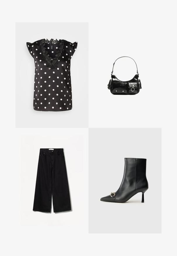 Czarna bluzka w kropki z białymi kropkami, z krótkimi falbaniastymi rękawami i koronkowym dekoltem w falbanki. Gładki materiał satynowy.; Bershka WIDE czarny; Czarny skórzany botek za kostkę z szpiczastym noskiem, smukłym średnim obcasem i srebrnym zapięciem po boku na jednolitym tle.; Czarna torebka z lakierowanej skóry o zaokrąglonym kształcie, z jednym paskiem na ramię, przednimi kieszeniami i akcentami w kolorze srebrnym.