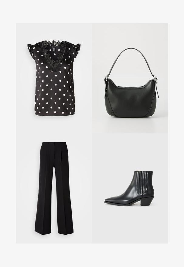 Černá blůza s bílými puntíky, má krátké volánkové rukávy a černý krajkový výstřih s vlnitým lemem. Hladký saténový materiál.; Černé kalhoty vyrobené z hladkého materiálu, s vysokým páskem, širokým střihem a dvěma předními sklady pro doplnění designu.; Černá kožená kotníková bota s špičatou špičkou, elastickými bočními panely s vertikálními drážkami a nízkým blokovým podpatkem. Hladká textura a elegantní design.; Černá kožená kabelka s zakřiveným tvarem, stříbrným zipem a krátkým uchem. Na přední straně se nachází nenápadné logo a má hladkou texturu.