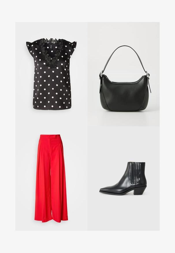 Blusa negra con lunares blancos, cuenta con mangas cortas con volante y un escote de encaje negro con forma de ondulación. Material de satén suave.; Pantalones de pierna ancha rojos, hechos de una tela suave, con pliegues frontales, cintura plana y un corte entallado. El diseño realza una silueta fluida.; Bota de cuero negra de tobillo con punta afilada, paneles laterales elásticos con ranuras verticales y un tacón bajo y cuadrado. Textura suave y diseño elegante.; Bolso de mano de cuero negro con forma curvada, cremallera plateada y un asa corta. Presenta un logotipo sutil en la parte frontal y una textura suave.
