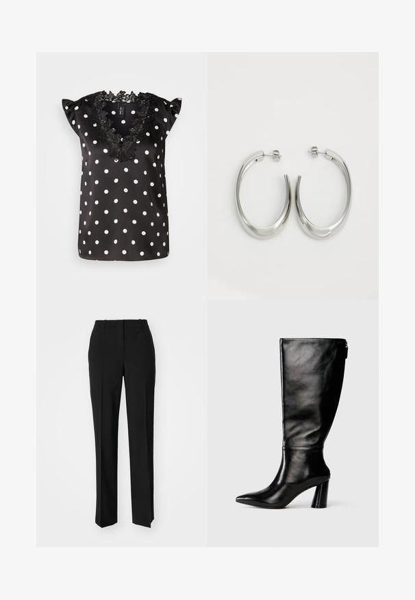 Schwarze Bluse mit weißen Punkten, verfügt über kurze, rüschenbesetzte Ärmel und einen wellenförmigen schwarzen Spitzen-Ausschnitt. Glattes Satinmaterial.; Schwarze, taillierte Hose mit geradem Bein, aus einem glatten Stoff und mit klaren Falten an der Vorderseite. Keine sichtbare Hardware.; Knöchelhohe schwarze Lederstiefel mit einer spitzen Zehe, glatter Oberfläche und einem klobigen Absatz. Verfügt über einen Reißverschluss hinten.; Silberne Creolen mit einem glatten, geschwungenen Design. Mit einem glänzenden metallischen Finish und Steckverschluss. Keine sichtbaren Muster oder Akzente.