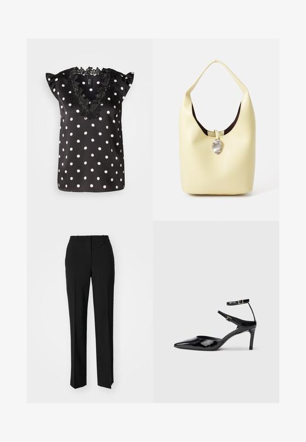 Schwarze Bluse mit weißen Punkten, verfügt über kurze, rüschenbesetzte Ärmel und einen wellenförmigen schwarzen Spitzen-Ausschnitt. Glattes Satinmaterial.; Schwarze, taillierte Hose mit geradem Bein, aus einem glatten Stoff und mit klaren Falten an der Vorderseite. Keine sichtbare Hardware.; Schwarze Lacklederabsätze mit spitzer Zehenpartie, verstellbaren Knöchelriemen und einem schlanken Absatz. Glatte Textur mit glänzender Oberfläche.; Hobo-Tasche aus weichem gelbem Leder mit abgerundeter Form. Besitzt eine glatte Oberfläche, ein dunkles Innenfutter und einen silberfarbenen Akzent am Verschluss.