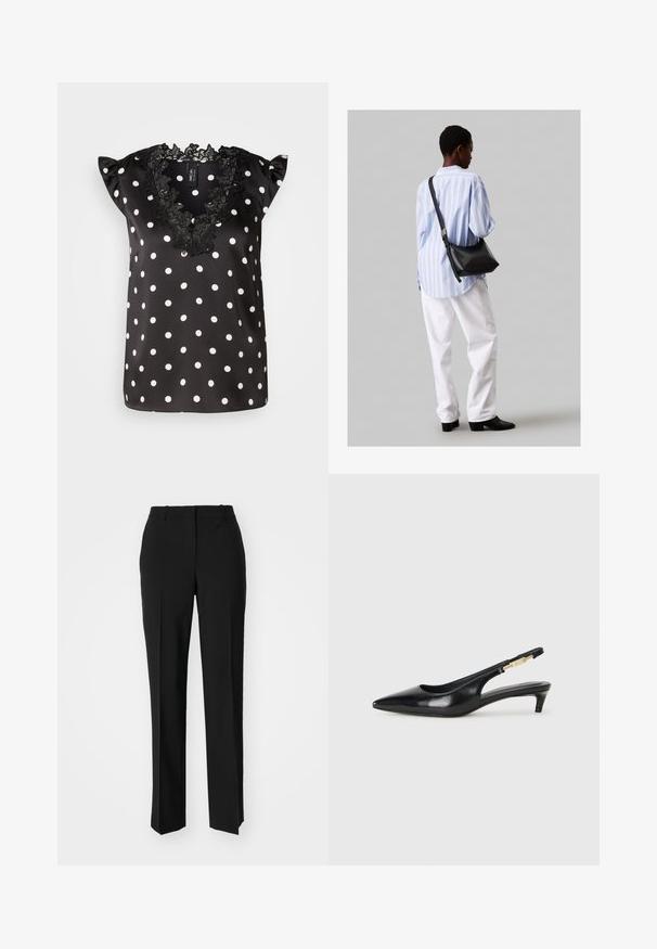Čierna blúzka s bielymi bodkami, má krátke volánové rukávy a čipkový výstrih so zvlnením. Hladký saténový materiál.; Čierne krajčírské nohavice so strihom rovného nohu, s hladkou textúrou a ostrými skladmi pozdĺž prednej časti. Žiadne viditeľné hardvér.; Čierne kožené slingback opätky s špicatou špičkou, s úzkym opätkom a zlatým detailom na nastaviteľnom remienku. Hladká textúra.; Čierna kožená ramenná taška so mäkkou textúrou, trojuholníkovým tvarom a nastaviteľným popruhom, skombinovaná s svetlomodrou pruhovanou košeľou a bielymi nohavicami.