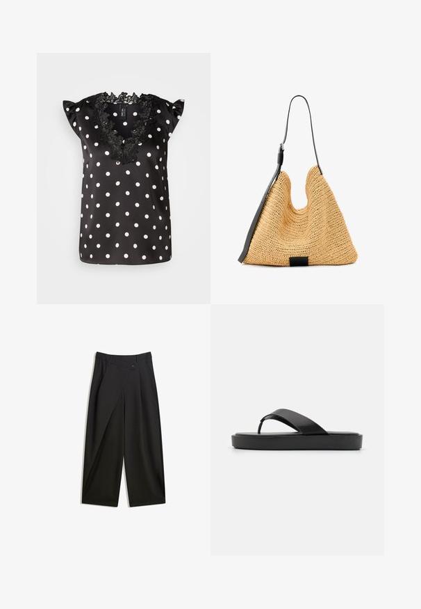 Crna bluzica s bijelim točkicama, ima kratke volanaste rukave i izrez od crne čipke s valovitim rubom. Glatki satenski materijal.; Crne široke hlače od glatkog materijala. Imaju prednji plis, zatvaranje na dugme i krojeni pojas za uski fit.; Crne japanke s glatkom gornjom trakom i teksturiranim potplatima. Minimalistički dizajn s niskim profilom.; Prirodna tkana torba od trske s teksturiranom površinom, velikim otvorenim vrhom, zakrivljenim oblikom i tamnom kožnom naramenicom. Ima crni akcent na dnu.