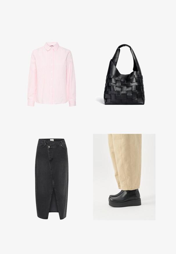 Camicia a maniche lunghe a righe verticali rosa e bianche, con colletto classico e chiusura con bottoni frontale e maniche con polsini.; Gonna midi in denim nero con spacco anteriore, vestibilità strutturata e classico design a cinque tasche. Presenta una chiusura con bottone e zip.; Stivali neri in pelle fino alla caviglia con punta arrotondata e suola platform. Abbinati a pantaloni beige a gamba larga, con dettagli di cucitura visibili.; Borsa a spalla in pelle nera intrecciata con una forma morbida e ampio manico. Caratterizzata da un design testurizzato e intrecciato con una finitura liscia.