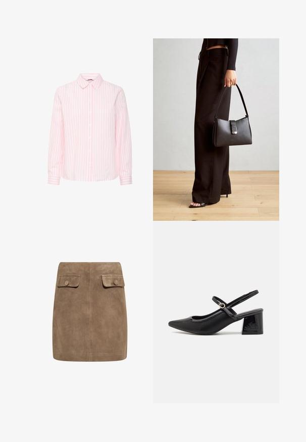 Košulja dugih rukava u ružičastim i bijelim vertikalnim prugama, s klasičnim ovratnikom i kopčanjem sprijeda, te rukavima sa preklopima.; Smeđa nubuk mini suknja s glatkom teksturom, koja ima dva prednja džepa s preklopom i dugmad za zatvaranje s obje strane. Jednostavan, ravni dizajn.; Crne lakirane slingback visoke potpetice s šiljastim vrhom, zaobljenim izrezom i blok potpeticom. Sadrži akcent zlatnog tona s kopčom.; Crna torba s oblikom koji sadrži strukturu, glađu teksturu i metalnu kopču. Uparena s širokim crnim hlačama i sandalama na otvorenom s drvenog poda.
