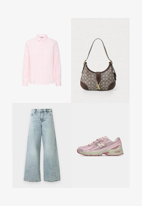 Pikad varrukad särk roosade ja valgete vertikaalsete triipudega, klassikalise krae ja nööpide eesamisega, millel on mansetiga varrukad.; Heledad sinine teksariie, lai jalg ja kõrge talje, varustatud nööblikuga, viie tasku ja kulunud servadega.; Roosa ja beež New Balance 740 sneaker, millel on võrkkattega ja sünteetilisest materjalist ülemine osa, paelaga kinnitus ja pehme tallaga, kujutatud külgprofilis.; COACH HAMPTONS HOBO BAG IN SIGNATURE JACQUARD - Käekott - oak maple