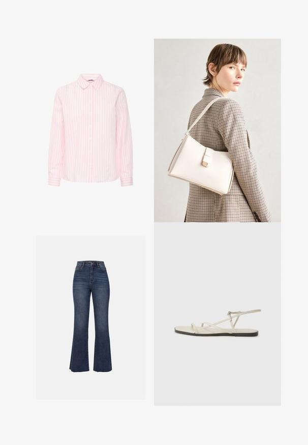Roza in bela majica z dolgimi rokavi v navpičnih črtah, z značilnim ovratnikom in zapenjanjem spredaj ter manšetam.; Anna Field Kavbojke na trapez - blue wash; Beige ravne sandale z več tankimi trakovi in nastavljivim zaponcem. Podplat je raven z rahlo temnim kontrastom na robu.; Bela usnjena torba s strukturirano zasnovo, opremljena z magnetnim zapiranjem in naramnico, prikazana na nevtralni ozadju.