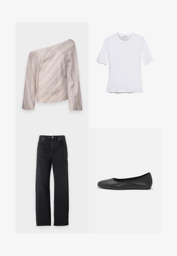Avskåret skulder, langermet topp i lys beige med subtile teksturerte striper, med en avslappet passform og asymmetrisk design.; Hvit kortermet t-skjorte laget av ribbestrikket materiale. Rund hals, vanlig passform og subtile sømdetaljer. Ingen mønstre eller grafikk.; Svarte denimjeans med rett benkutt, høy midje, fem lommer og metallknapper. Jevnt, litt teksturert stoff.; Svart skinnballettflatt med rund tå, glatt tekstur, minimal sømdetalj, og et fleksibelt såledesign.
