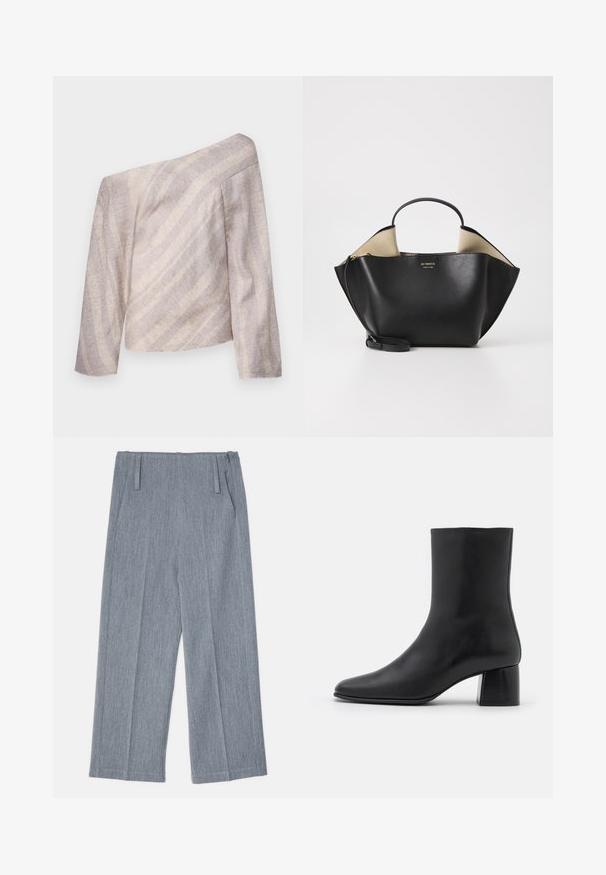 Top de manga longa, com ombros à mostra, em bege claro com riscas texturizadas subtis, apresentando um corte descontraído e um design assimétrico.; Calças largas de tom cinza claro, feitas de tecido texturizado, com dois pinceis frontais e dois bolsos laterais. Design limpo e bem cortado.; Botim de pele preta até ao tornozelo com biqueira pontiaguda e salto quadrado robusto. Textura suave com um design sem costuras e costura minimalista.; Ree Projects ANN TOTE MINI - Mala de mão - black