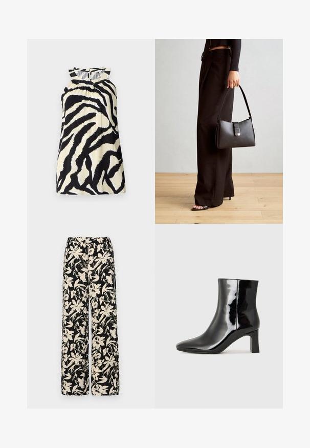 Svart og kremfarget ermeløs topp med zebra-mønster, med rynkedetaljer ved utringingen og en knappeåpning bak.; Sorte vide bukser med et cremet blomster mønster. Fremstillet af letvægtsstof, med en glat tekstur og en høj talje.; Sorte patentlær ankle boot med spiss tå og en mellomhøy blokkhelt. Glatt tekstur og minimalistisk design.; Svart håndveske med strukturert form, jevn tekstur og metallisk lås. Kombinert med brede svarte bukser og sandaler med åpen tå på tregulv.