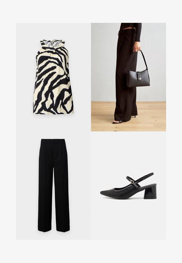 Fekete és krém színű, ujjatlan felső zebra mintával, fodros részletekkel a nyakkivágásnál és gombos záródással a hátulján.; Fekete, bő szárú nadrág sima felülettel, lapos elülső résszel, pliszékkel és szabott derékkal. Nincs látható hardver vagy minta.; Fekete lakk bőr, pántos magassarkú cipő, hegyes orral, lekerekített kivágással és tömbsarkal. Arany színű csat díszíti.; Fekete kézi táska strukturált formával, sima textúrával és fémből készült záródással. Széles fekete nadrággal és nyitott orrú szandállal párosítva, fából készült padlón.