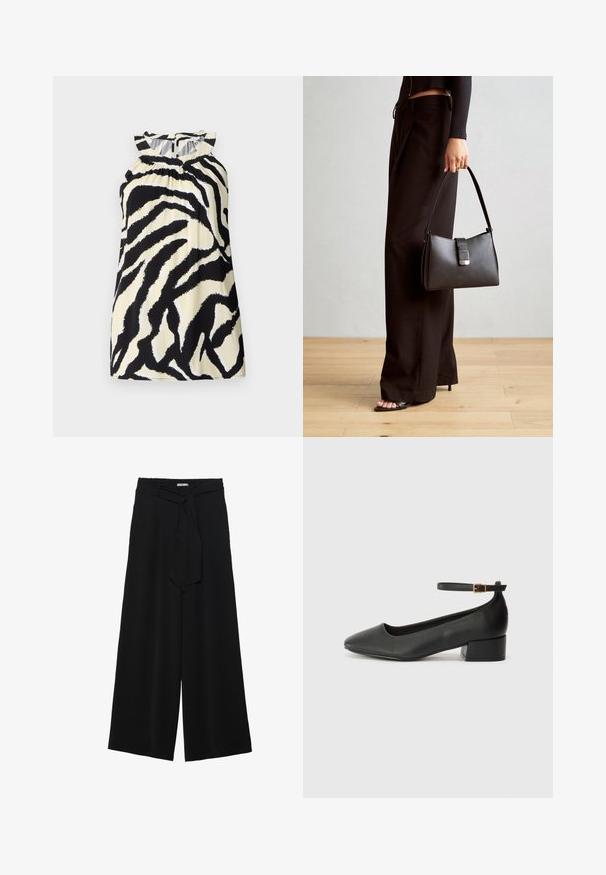 Top sem mangas preto e creme com um design de padrão de zebra, apresentando detalhes franzidos na parte do decote e um fecho de botão nas costas.; Calças largas pretas com um tecido texturizado, uma cintura elástica e um laço destacável na cintura para um ajuste ajustável.; Sandal de pele preta com bico pontiagudo e um salto bloco baixo. Apresenta uma tira no tornozelo com uma fivela em tom dourado. Textura suave.; Bolsa preta com forma estruturada, textura suave e um fecho metálico. Combinada com calças largas pretas e sandálias de salto aberto sobre um chão de madeira.