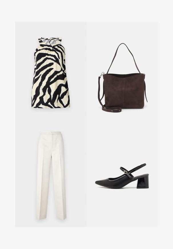 Top sem mangas preto e creme com um design de padrão de zebra, apresentando detalhes franzidos na parte do decote e um fecho de botão nas costas.; Calças creme com um corte ajustado, apresentando perna reta, tecido suave, pregas frontais e barra limpa. Design minimalista.; Sabrinas de cerâmica preta com salto bloco, bico apontado e um design com recortes arredondados. Apresenta um detalhe em fivela de tom dourado.; Saco tote em camurça castanha com uma textura suave, apresentando uma única alça de ombro e uma abertura superior levemente curvada. Sem detalhes de hardware visíveis.