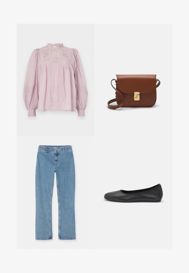 Vanessa Bruno CALIN - Blůza - parme; Bílá tričko s krátkým rukávem vyrobené z žebrované tkaniny. Kulatý výstřih, normální střih a jemné detaily šití. Bez vzorů nebo grafik.; Světlé modré džíny rovného střihu s knoflíkovým a zipovým zapínáním, poutky na opasek a standardním švem na bílém pozadí.; Černé kožené baletní byty s kulatou špičkou, hladkou texturou, minimálními švy a flexibilním designem podrážky.; Hnědá kožená kabelka s klopou, zlatými kovovými detaily, ramenním popruhem a hladkým povrchem. Kompaktní obdélníkový tvar.