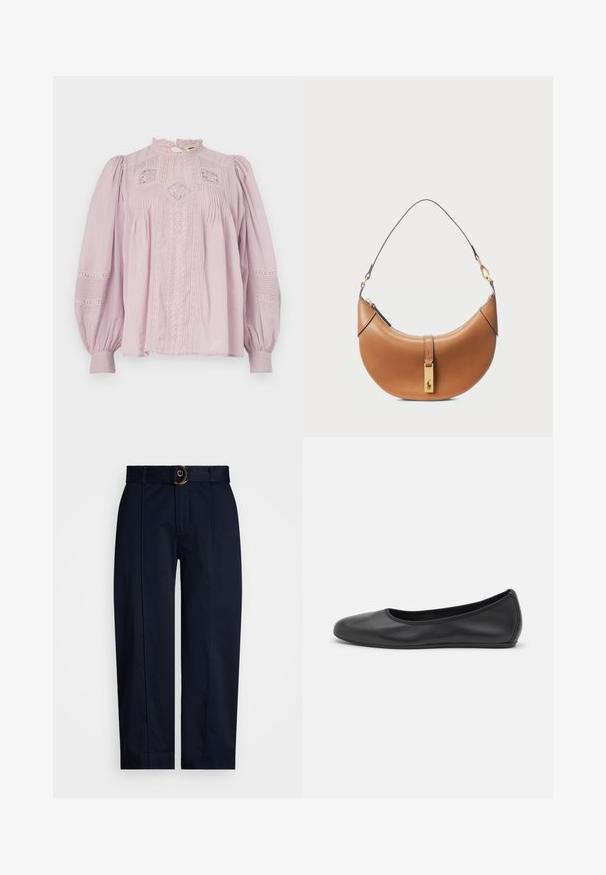 Vanessa Bruno CALIN - Blouse - parme; Marineblauwe broek met een geweven tailleband en een gouden ringgesp, met een recht gesneden pijp en geplooide naden aan de voorkant.; Zwarte leren ballerina met een ronde neus, gladde textuur, minimale stikdetails en een flexibele zoolontwerp.; Tan leren handtas met een gebogen vorm, gouden hardware en een dunne schouderriem. Beschikt over een ritsluiting en logo-detail aan de voorkant.