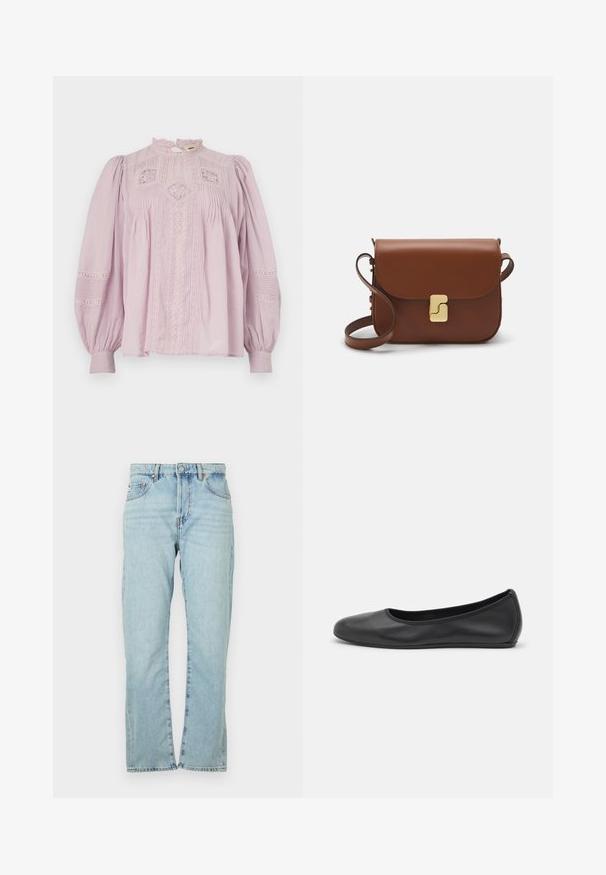 Vanessa Bruno CALIN - Blouse - parme; Light blue denim jeans with a straight-leg design. Features five pockets, metal button closure, and slightly faded texture.; Black leather ballet flat with a rounded toe, smooth texture, minimal stitching detail, and a flexible sole design.; Brown leather handbag with a flap closure, gold-tone hardware, a shoulder strap, and a smooth texture. Compact rectangular shape.