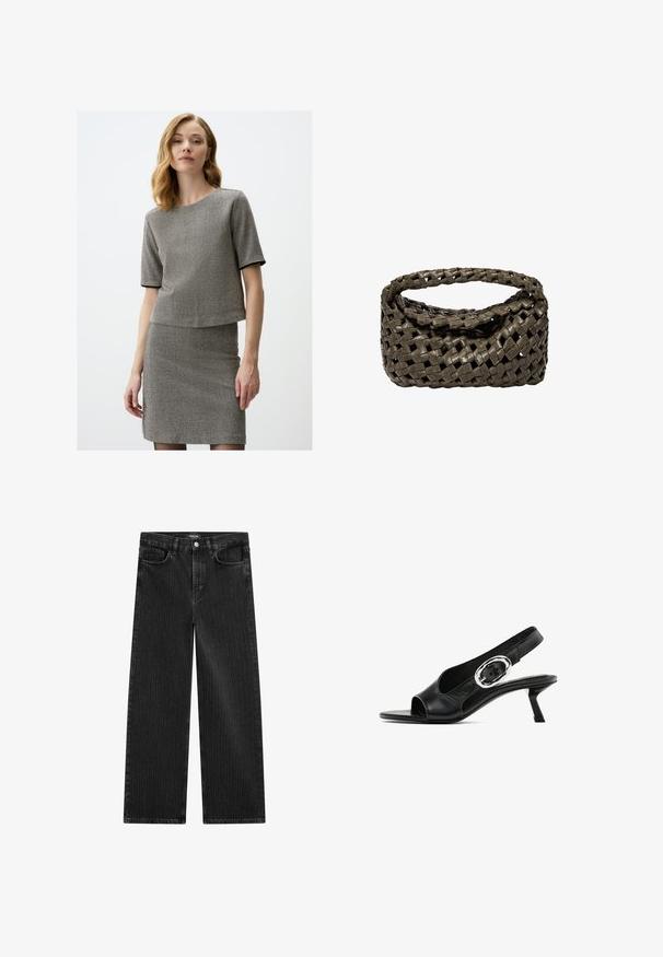 Grau gestreiftes Zweiteiler-Outfit mit einem kurzärmeligen Oberteil und einem taillierten Rock. Das Material hat eine strukturierte Oberfläche mit schwarzen Akzenten.; Weite schwarze Denim-Jeans mit feinem vertikalen Streifenmuster, ausgestattet mit einem Fünf-Taschen-Design und einem klassischen Knopfverschluss an der Taille.; Schwarzer Leder Slingback-Schuh mit offener Zehe, schlankem Absatz und silberner Schnalle am Riemen. Glatte Textur und stromlinienförmiges Design.; Gewebte Handtasche aus dunkelolivgrünem Leder, mit einem runden Oberhandgriff und einer weichen, strukturierten Oberfläche im Hobo-Stil.