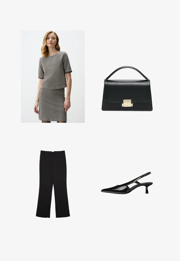Grijze visgraat tweedelige outfit met een T-shirt met korte mouwen en een aansluitende rok. Het materiaal heeft een gestructureerde afwerking met zwarte accenten.; Zwarte broek met een rechte pasvorm, voorzien van zijzakken en plooien aan de onderzijde. Gemaakt van zachte, gladde stof. Geschikt voor verschillende gelegenheden.; Zwarte gepatineerde leren slingback hakken met een puntige neus, uitsparing aan de zijkant en een kleine vierkante hak. Gladde textuur met minimale accenten.; Zwarte lederen handtas met een gestructureerd ontwerp, bovenhandgreep en een gouden metalen sluitingdetails aan de voorkant. Gladde textuur, minimale stiksels.