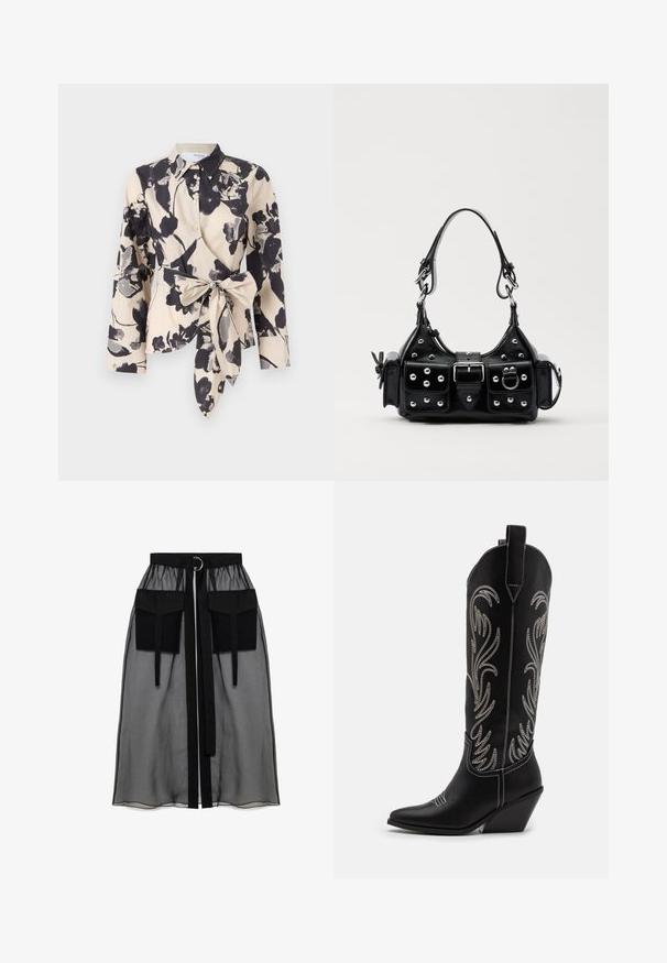 Kermanshahi wrap-tyylinen paita mustilla kukkakuviolla. Varustettu kauluksellisella pääntiellä ja vyötärölle liittyvällä solmuvyöllä. Pitkät hihat, joissa on kalvosimet.; Musta läpinäkyvä hame, jossa on kerätty vyötärö, kaksi suurta etutaskua, vyönauha ja pyöreä metallikoriste.; Mustat nahkasaappaat cowboy-tyyliin, joissa on terävät varpaat, viistot korot ja hopeiset brodeeratut kukkakuviot varressa. Eroava ompelu koko saappaassa.; Musta nahkainen käsilaukku, jossa on kaareva muotoilu, hopeiset niitit, solki ja kaksi sivutaskua. Säädettävä olkahihna erilaisiin kantovaihtoehtoihin.