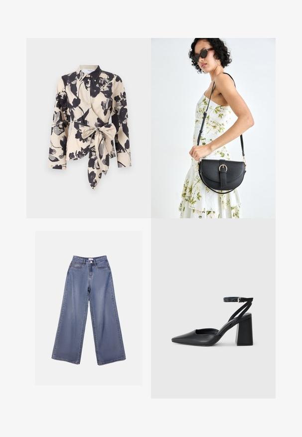 Wrap-style bluse i kremfarge med svart blomsterprint. Har krage og belte i livet. Lange ermer med mansjetter.; Bredde ben jeans i lys blå vask, med høy livhøyde, frontlommer og knappelukking med beltehemper.; Svart lær pumps med spiss tå, ankelrem og kraftig hæl. Flat tekstur, strømlinjeformet design og minimalisme.; Svart lærveske med en buet form, avtagbar stropp og gullbeslag. Vesken har et klaff med spenne-detall.