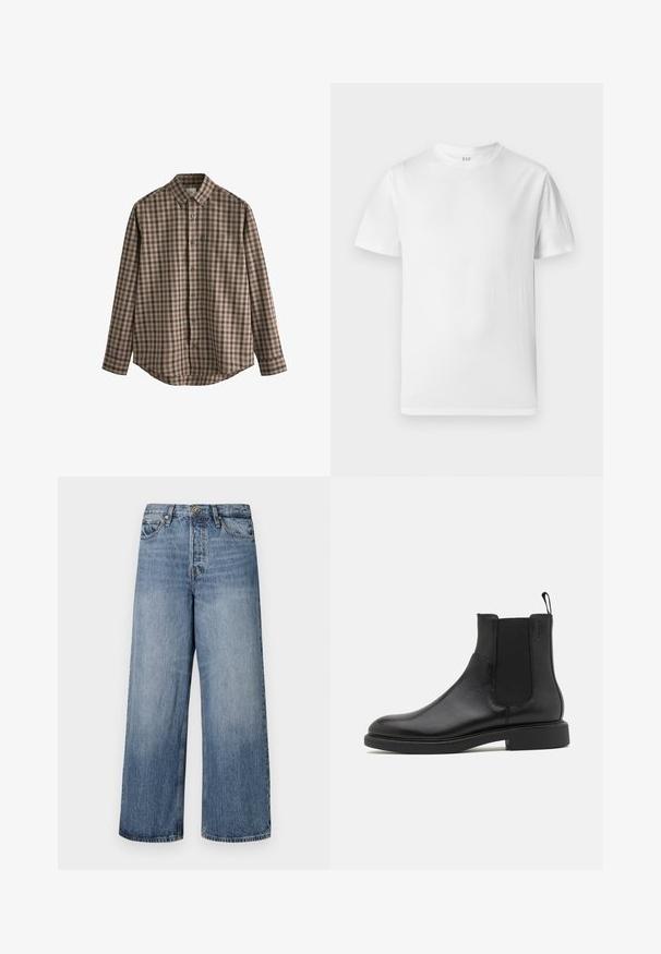 Next EASY IRON BUTTON DOWN OXFORD - Camicia - brown gingham; T-shirt bianca a maniche corte realizzata in morbido cotone. Presenta un collo rotondo e un orlo dritto con dettagli minimi.; Jeans in denim blu a gamba larga con lavaggio sbiadito, design a cinque tasche e chiusura con bottone. Dotati di passanti per cintura e dettagli cuciti.; Stivale alla caviglia in pelle nera con texture liscia, pannelli laterali elastici e una linguetta per il tallone. Punta rotonda e suola piatta in gomma con minimo battistrada.