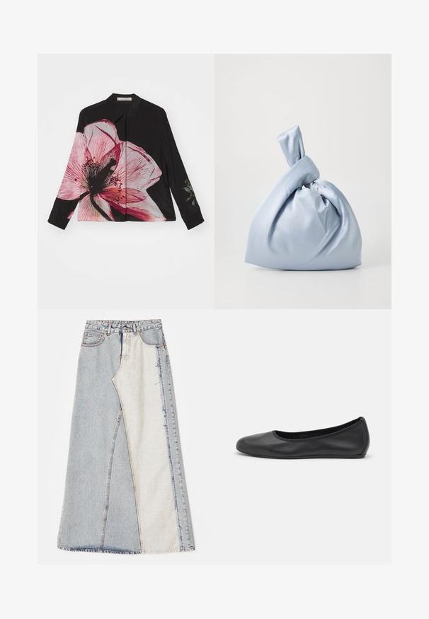 Sort langærmet skjorte med et stort pink blomsterprint foran, glat stof, klassisk krave og knappede manchetter.; Denim nederdel med patchwork design bestående af lyse og mellemblå sektioner, frayed kanter og høj talje. Klassisk fem-lomme stil.; Sort læderballetsko med rund tå, glat tekstur, minimal syning og et fleksibelt såldesign.; Nanushka JEN - Håndtasker - ice blue
