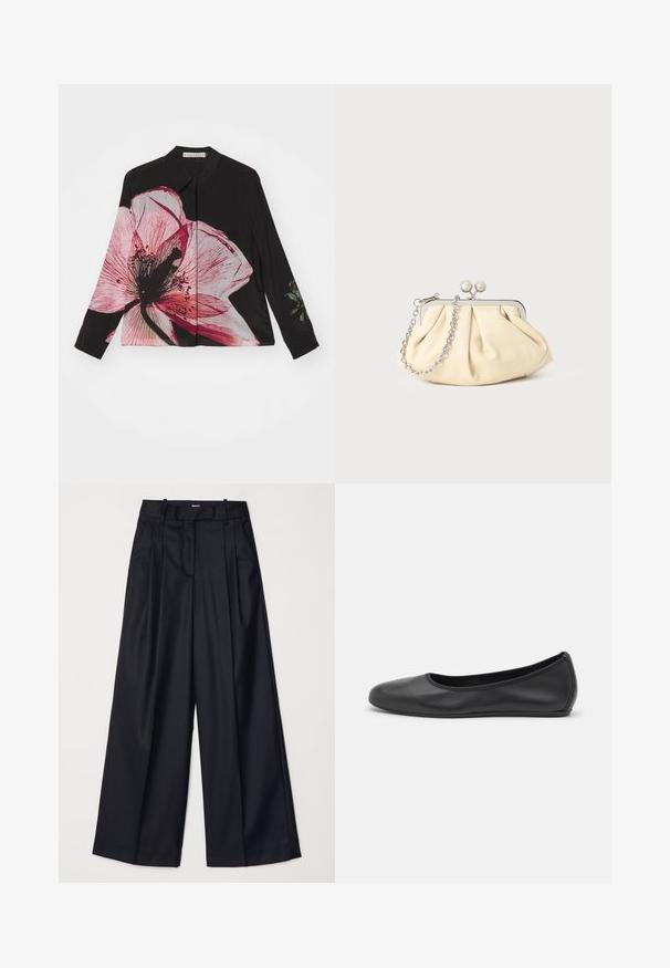 Black long-sleeve shirt featuring a large pink floral print on the front, smooth fabric, classic collar, and buttoned cuffs.; Black wide-leg trousers made of smooth fabric, featuring a high waist, pleats, and a tailored design. Simple black hardware at the waist.; Black leather ballet flat with a rounded toe, smooth texture, minimal stitching detail, and a flexible sole design.; Pleated beige leather clutch with a silver metal frame, featuring two round decorative clasps and a silver chain strap.