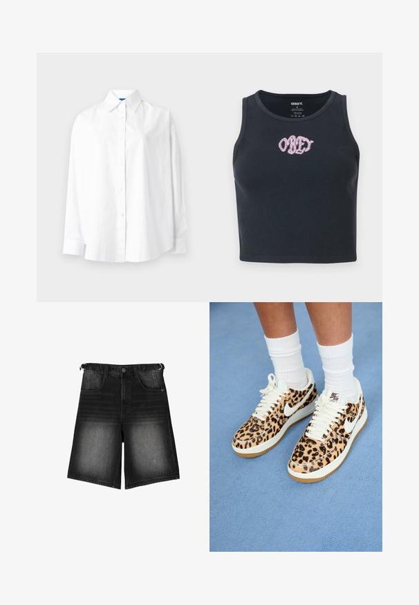 Camicia bianca a maniche lunghe realizzata in cotone. Presenta un colletto classico, chiusura a bottoni e logo ricamato sul lato sinistro del petto. Texture liscia.; Top corto a righe neri realizzato in cotone, con scollo rotondo e logo "OBEY" ricamato in rosa sul petto.; Shorts in denim nero con una finitura scolorita, cinque tasche, chiusura con bottone e passanti per cintura. Il tessuto ha una consistenza liscia.; Sneakers Nike Air Force 1 con stampa leopardata, con lacci e swoosh bianchi, caratterizzati da una suola in gomma beige e una parte superiore testurizzata. Calze a compressione bianche visibili.