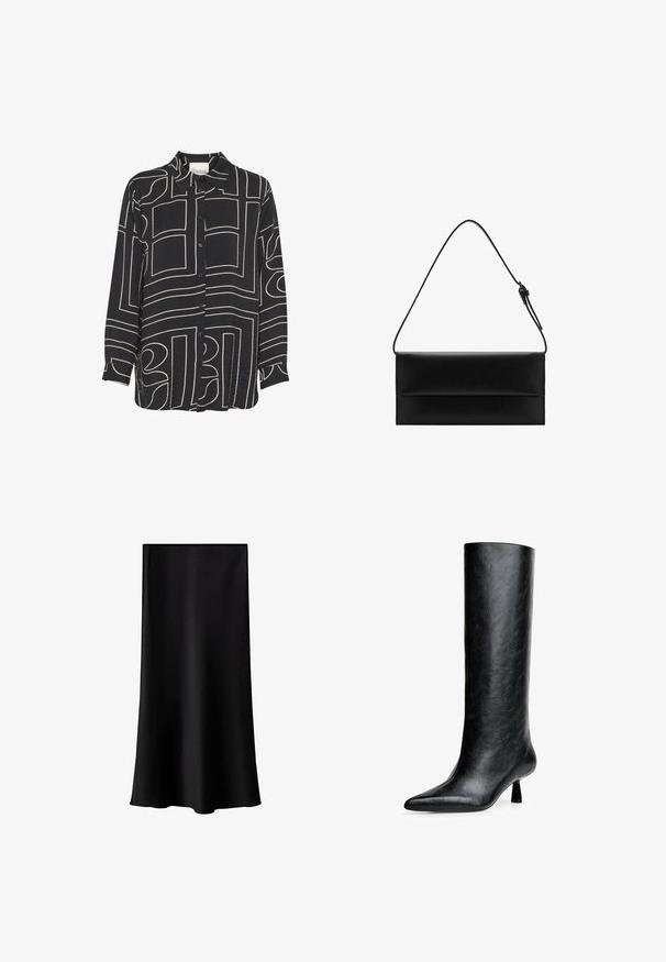 Schwarzes Hemd mit langen Ärmeln und Knopfverschluss, das abstrakte beige Linienmuster und einen klassischen Kragen aufweist. Hergestellt aus leichtem, strukturiertem Stoff.; Schwarze Midischürze aus glattem, leichtem Stoff. Sie hat einen geraden Schnitt, keine sichtbaren Beschläge und ein schlichtes Design ohne Muster.; Schwarze kniehohe Stiefel aus strukturiertem Leder. Mit spitzem Zeh und kleinem, ausgestellt Absatz. Schlankes, glattes Design mit minimalen Akzenten.; Mango Handtasche - black