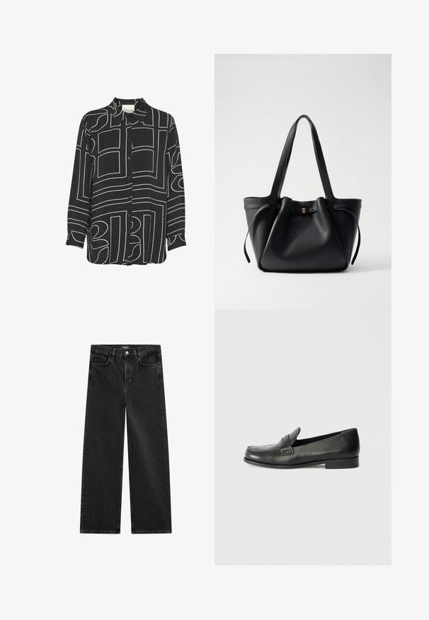 Sort skjorte med lange ærmer og knaplukning, som har abstrakte beige linjemønstre og en klassisk krave. Lavet af letvægts, tekstureret stof.; Bredde ben sorte denimbukser med en subtil lodret stribepattern, der har fem lomme-design og en klassisk knaplukning i taljen.; Sorte læder loafers med en rund tå, forhøjede syningsdetaljer og en lav, stablet hæl. Glat tekstur med en subtil glans.; Sort læder tote taske med to lange stropper, en indsnøret top og et gyldent cirkulært accent. Glat tekstur med et minimalistisk design.