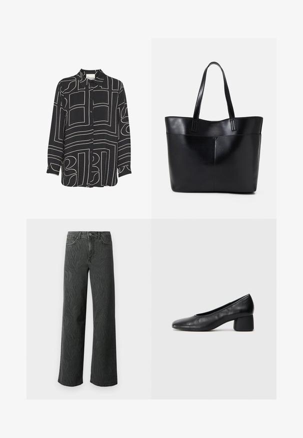 Camicia nera con bottoni e maniche lunghe caratterizzata da motivi astratti in colore beige e colletto classico. Realizzata in tessuto leggero e strutturato.; Jeans a gamba larga in denim grigio scuro, con una sottile texture a zebra, cuciture a contrasto e design a cinque tasche con chiusura a bottone.; Pantofole nere in pelle con punta arrotondata e tacco medio a blocco. Texture liscia con dettagli minimi, caratterizzata da un'apertura elastica sottile.; Borsa a tracolla in pelle nera con due manici lunghi, una texture liscia e una forma strutturata. Presenta una tasca frontale per ulteriore spazio di archiviazione.